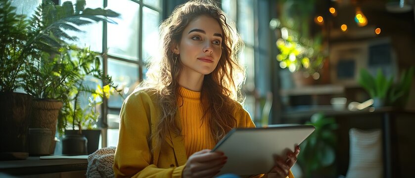 A creative businesswoman sketching out a new product design on a digital tablet while sitting in a cozy
