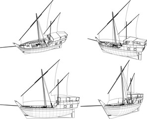 Vector sketch illustration of a wooden sailboat design for sailing on the high seas