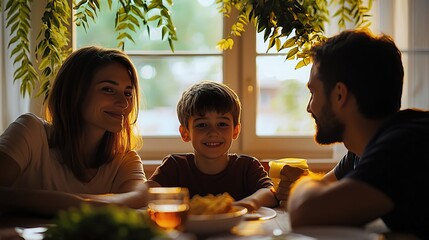 A joyful family sharing a happy moment at home, enjoying quality time together by a window with plants.