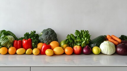 Various fresh fruits and vegetables adorn a crisp white kitchen counter, inviting healthy habits into your kitchen. The vibrant colors and textures of nature's bounty inspire wholesome meals