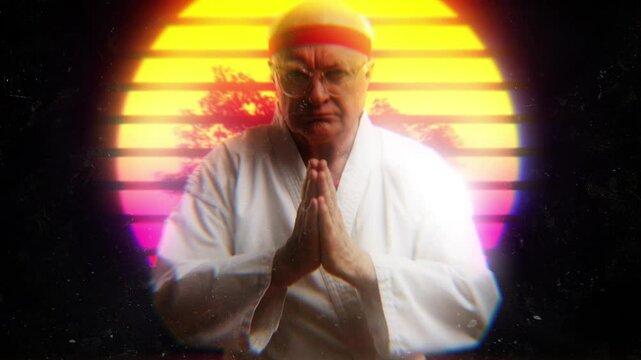 Martial art teacher bowing before a fight, retro-futuristic synthwave background