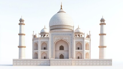 Fototapeta premium Front view of the Taj Mahal with clear sky, showcasing its stunning white marble architecture and intricate detailing.