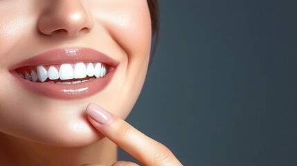 Obraz premium Close-up of a smiling woman showcasing her perfect teeth and healthy skin, emphasizing beauty and confidence.