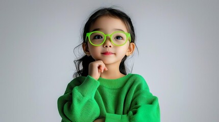 Fototapeta premium A thoughtful child in vibrant green clothing, wearing stylish glasses and posing confidently with a charming expression.