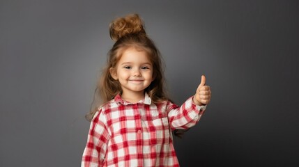 Cheerful child with curly hair and a plaid shirt gives a thumbs up. Perfect for celebrating happiness and positivity in family settings.