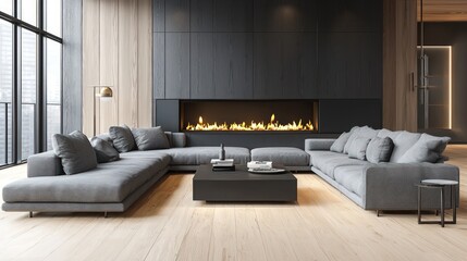 Luxurious living room with gray sofas, light wood flooring, and a modern fireplace.