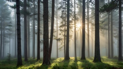 Fototapeta premium Morning mist in pine forest, sun shines through tree trunks, outdoor fog nature photo