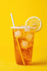 A refreshing image of golden iced tea in a clear cup, garnished with a slice of lemon and set against a bright yellow background, invoking a sense of refreshment.