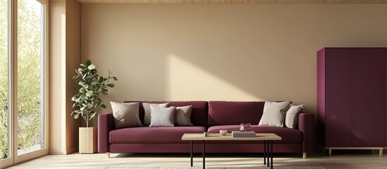 Classy burgundy couch, light tan walls, light wooden ceiling, pinkish cabinet.