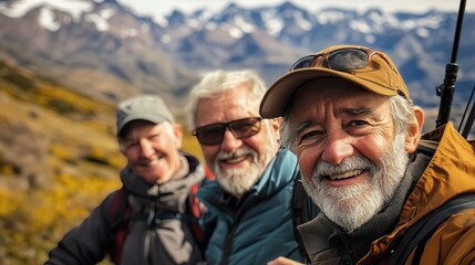 Fototapeta premium Three joyful hikers smile for a selfie against a stunning mountain backdrop, capturing the essence of adventure and friendship.