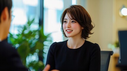 Fototapeta premium A smiling woman engages in conversation in a modern office setting, showcasing professionalism and confidence.