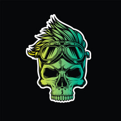 Hipster skull with motorcycle glasses and trendy hairstyle. Original vector illustration in vintage style isolated on black background. T-shirt design.