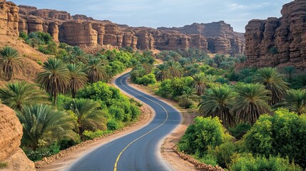 Elevated view of modern road leading into and away from centuries-old mudbrick heritage site, lush green date palm groves, and sandstone rock formations