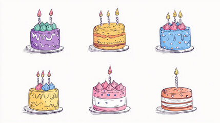 Six colorful birthday cakes decorated with candles arranged on a light background for a festive celebration