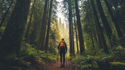 Fototapeta premium Hiker Navigating Through the Enchanted Redwood Forest