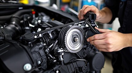 Mechanic Adjusting Timing Belt on Car Engine
