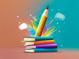 A vibrant pencil emerges from colorful books, bursting with creativity, inspiring young minds in a whimsical study setting