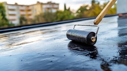 Applying Waterproof Coating with Roller on Roof
