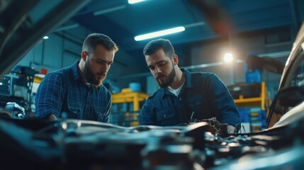 Two Mechanics Collaborating in a Car Workshop
