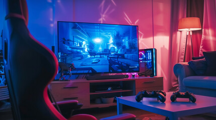 A close-up of a gaming console setup with a large TV, controllers neatly arranged, and a gaming chair in front.