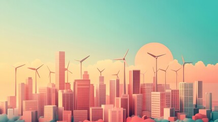 Obraz premium Vibrant cityscape with wind turbines and modern skyscrapers at sunset, showcasing sustainable urban development and renewable energy.