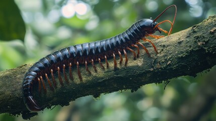Fototapeta premium Centipede on a Branch in Lush Green Foliage