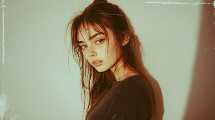 Pensive young woman with soft lighting and retro filter looking at camera