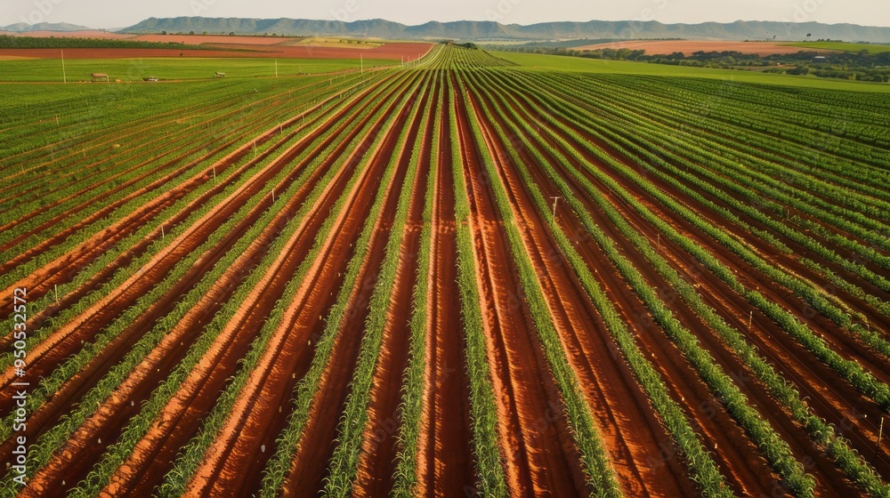 Poster a field of crops with a red and brown background