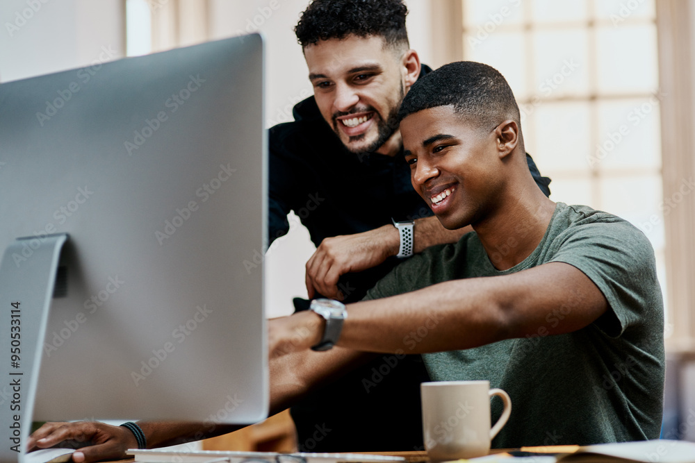 Poster training, happy team and business men on computer for advice, about us and review feedback. smile, i