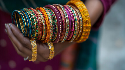 A vibrant collection of traditional bangles displayed on a wrist during a festive celebration, showcasing intricate designs and colors