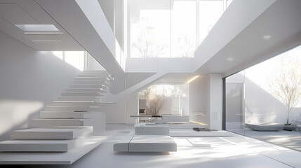 Obraz premium Minimalist modern interior with white floating staircase, bright luxury open plan living room, contemporary architectural design with natural light