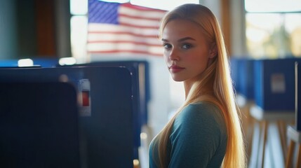 Woman at voting booth with American flag
