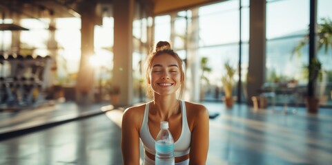 Fototapeta premium Smiling woman in gym holding water bottle 