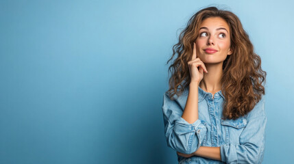 Fototapeta premium A young woman with curly hair, wearing a denim shirt, thinking deeply while looking up, set against a blue background.
