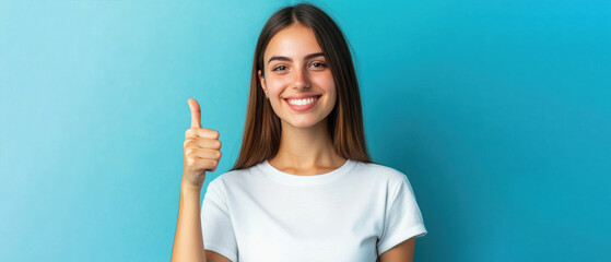 Smiling woman giving thumbs up on blue background
