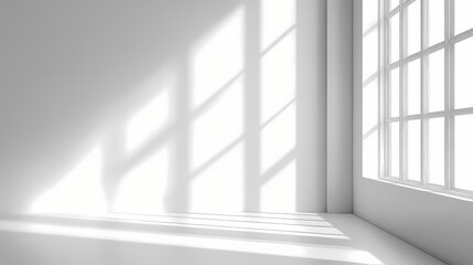 Obraz premium Minimalist white room interior with window shadow, empty studio space with soft sunlight, clean architectural background for product mockup