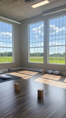 Fototapeta premium Bright and serene yoga studio with wooden floors and meditation pillows arranged in rows