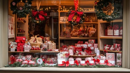 Charming holiday display filled with festive decorations and gifts in a cozy shop window during the winter season