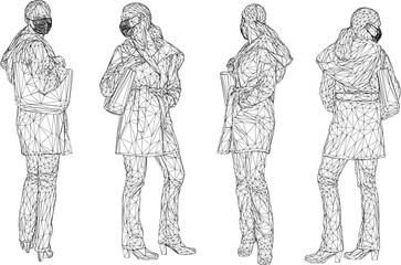 Vector silhouette illustration sketch design image of young executive office worker female employee wearing bag and mask to avoid virus