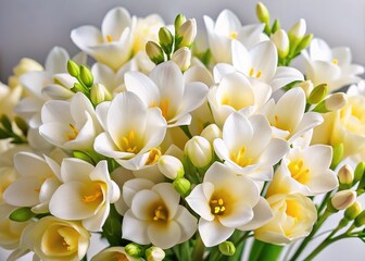 Vibrant white fresia flowers with delicate petals and yellow centers bloom in a lush arrangement, exuding a bright, airy, and refreshing sense of springtime elegance.