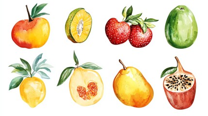 Watercolor Fruit Basket: A vibrant collection of hand-painted fruits, bursting with color and life.  