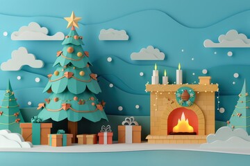 A cheerful Christmas scene featuring a decorated tree, gifts, and a cozy fireplace with candles, perfect for holiday decorations.