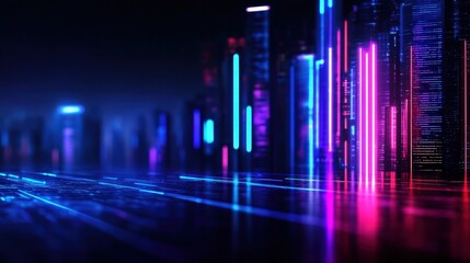 Futuristic cityscape with vibrant neon lights, characterized by glowing bars and reflections on a dark surface.