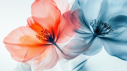 Fototapeta premium Beautiful vibrant flowers with transparent petals, layered dynamically on a white-light grey background, creating a captivating effect