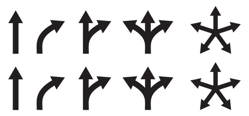 Arrow multiple direction icons set. One, two, three, and five arrows or option signs symbols. Vector