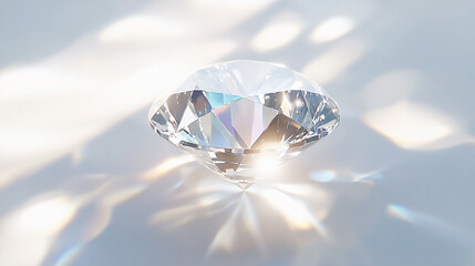 Sparkling diamond resting on a light-reflective surface showcasing brilliance and clarity in soft natural light