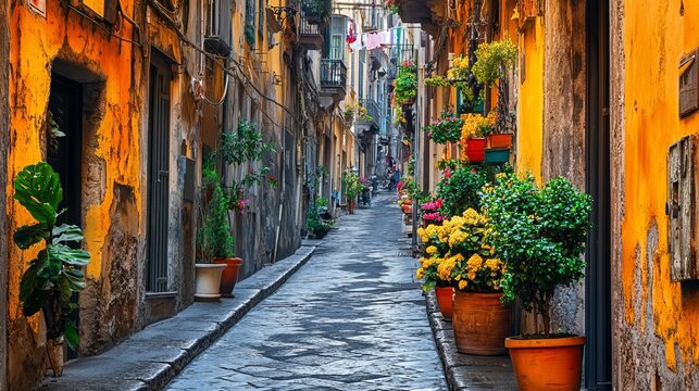 Fototapeta Narrow Italian street Quartieri Spagnoli (Spanish ward) in Naples, Italy