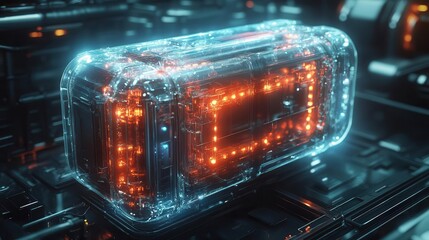 Obraz premium innovative waterbased fuel cell with floating hydrogen molecules sleek futuristic design showcasing sustainability cool blues and greens with glowing elements symbolizing clean energy