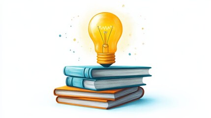 Illuminating Knowledge: A glowing light bulb perches atop a stack of colorful books, symbolizing the power of education and the brilliance of ideas. 
