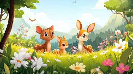 Naklejka premium Cute cartoon animals in a spring forest, with a realistic backdrop of blooming flowers and bright green leaves